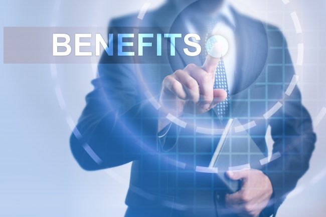 Businessman,Pressing,Button,On,Touch,Screen,Interface,And,Select,Benefits.