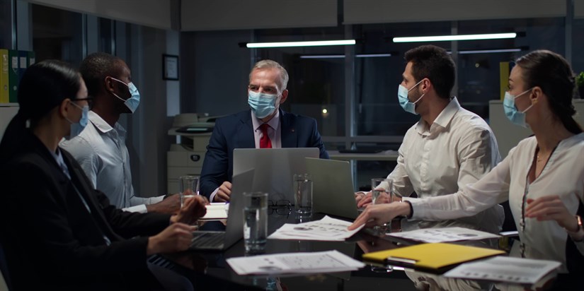 Multiethnic,Business,Partners,In,Safety,Mask,Gather,In,Board,Room